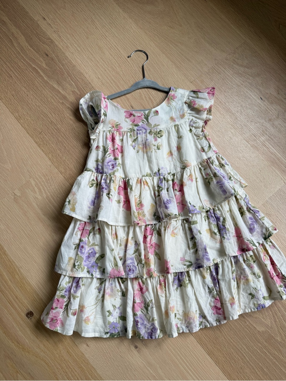 GAP x love shack fancyCream Floral Tiered Ruffle Dress with Pink & Purple Blooms